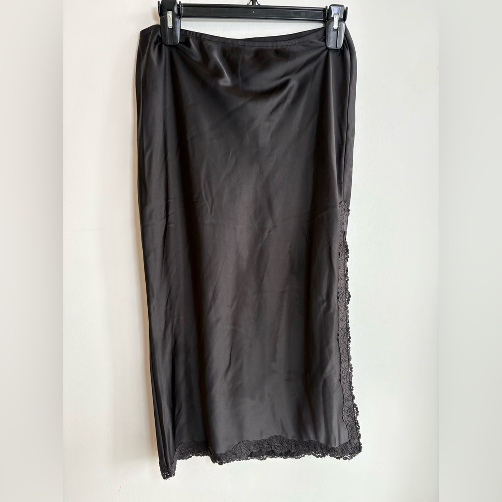 Black Satin Lace Trim Slip Skirt Size M | Vintage 90s Minimalist Midi Skirt